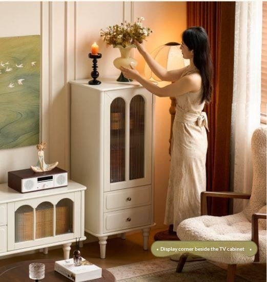 Solid RubberWood French Accent Cabinet with Round Arch Glass Doors and Turned Legs