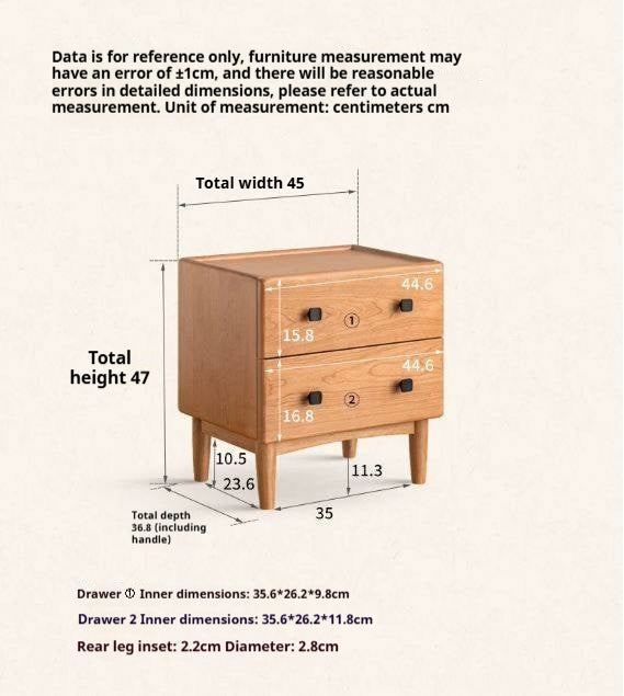 Cherry Solid Wood Retro Two Drawn Nightstand