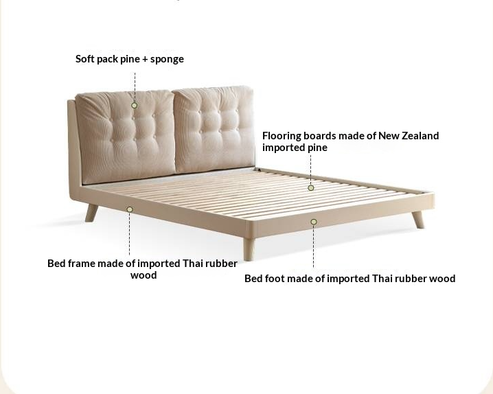 Oak, Rubberwood Solid Bed with Cream Finish — Casual Bedside with Soft Bag Backrest and White Soft Back