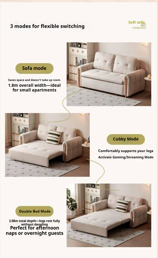 Beech Solid Wood Convertible Sofa Bed with Pull-Out Sleeper in Cream Faux Linen