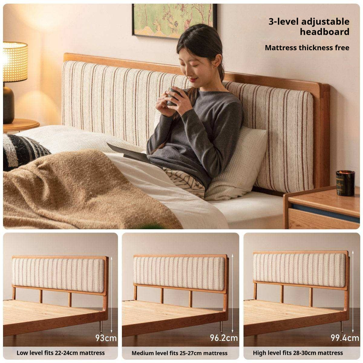 Cherry Solid Wood Bed with Modern Minimalist Design and Genuine Leather Headboard