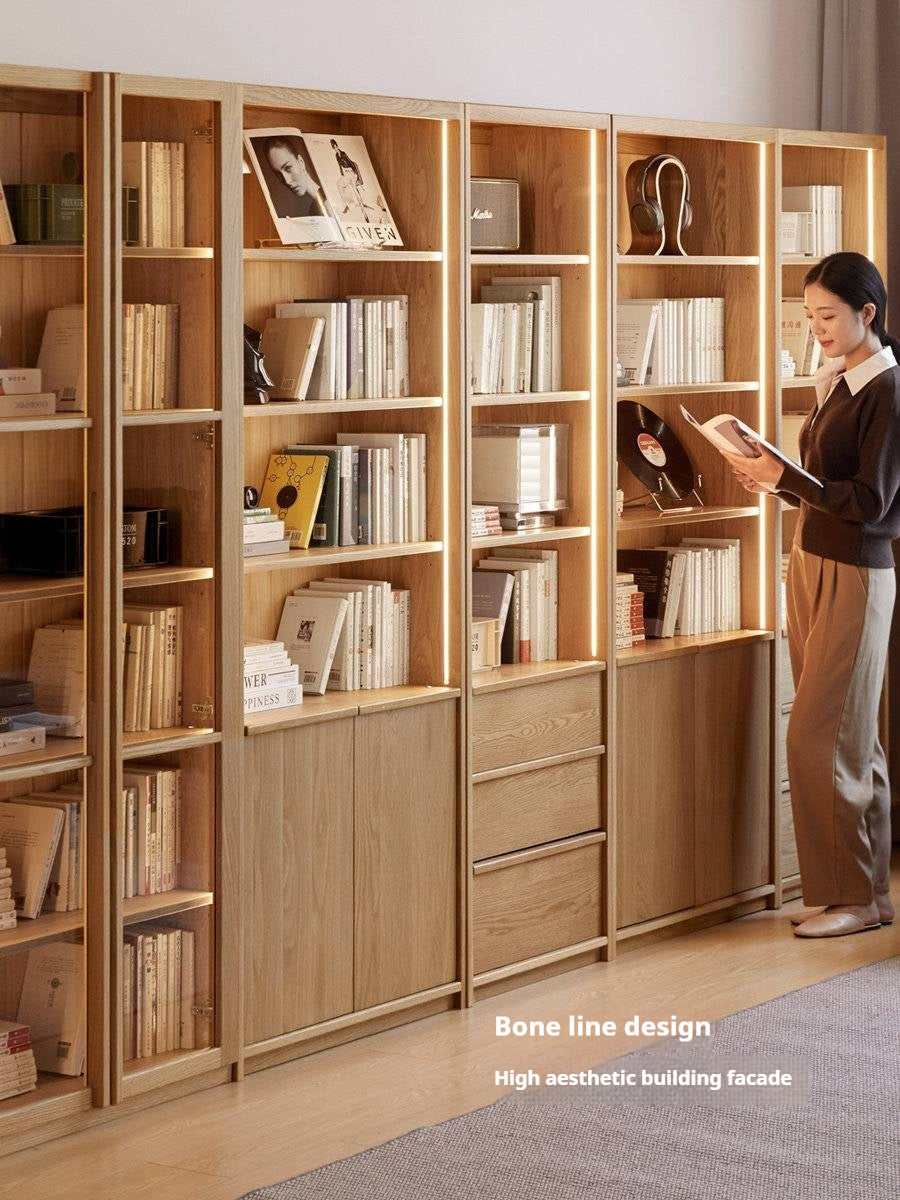 White Oak Solid Wood Bookcase and Display Cabinet with Glass Doors and Built-In Lights