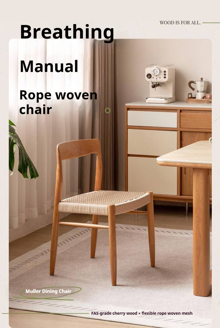 4 pcs -Cherry Solid Wood Dining Chair with Woven Cord Seat, Scandinavian Modern