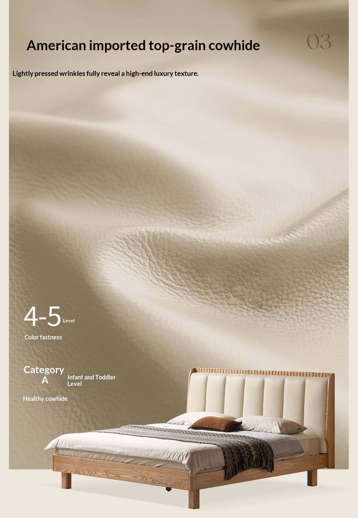 Ash Solid Wood Bed with Genuine Leather Upholstered Headboard
