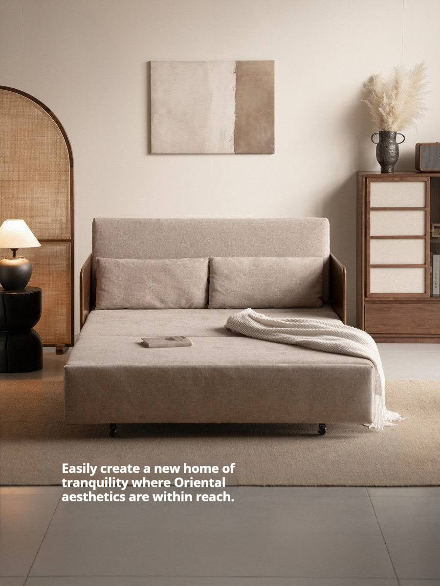 Ash Solid Wood Convertible Sofa Bed with Wood Frame and Adjustable Backrest on Wheels