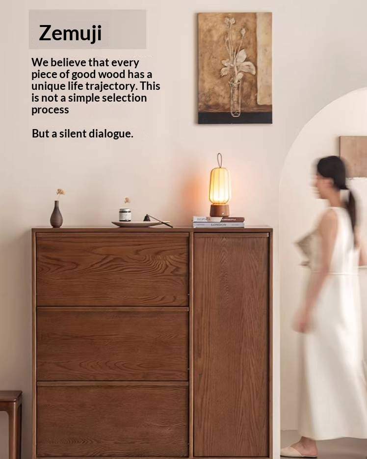 Oak Solid Wood Shoe Cabinet with Wabi-Sabi Style Storage Design