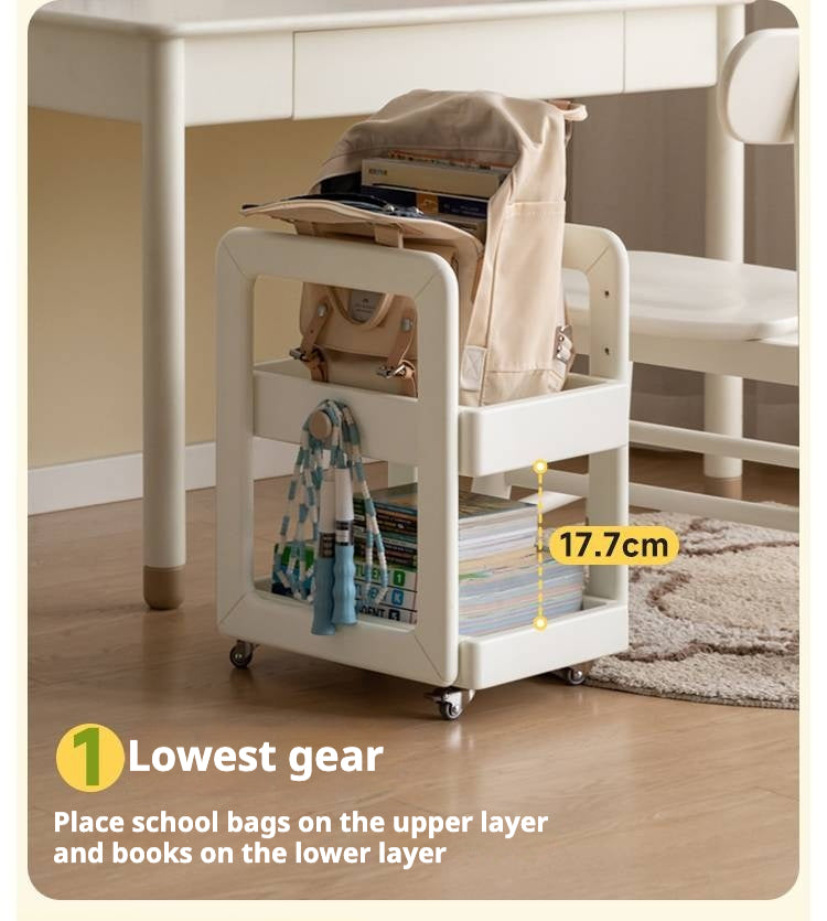Rubber Solid Wood White Cream Style Under-Desk Movable Storage Rack.