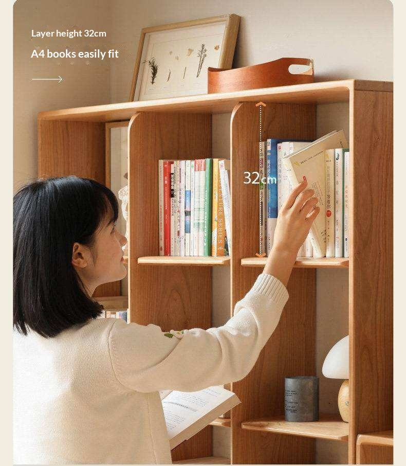 Cherry Solid Wood Freely Combinable Bookshelf with Floor-Standing Grid Design