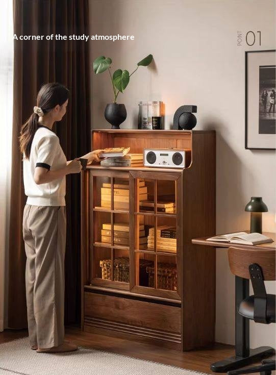 Black Walnut, Oak Solid Wood Bookcase with Storage Cabinet and Built-In Light