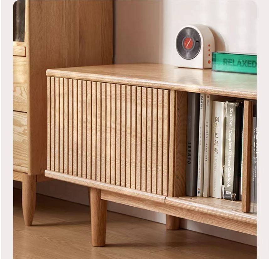 Oak Solid Wood Wall-Mounted TV Stand with Modern Minimalist Storage.