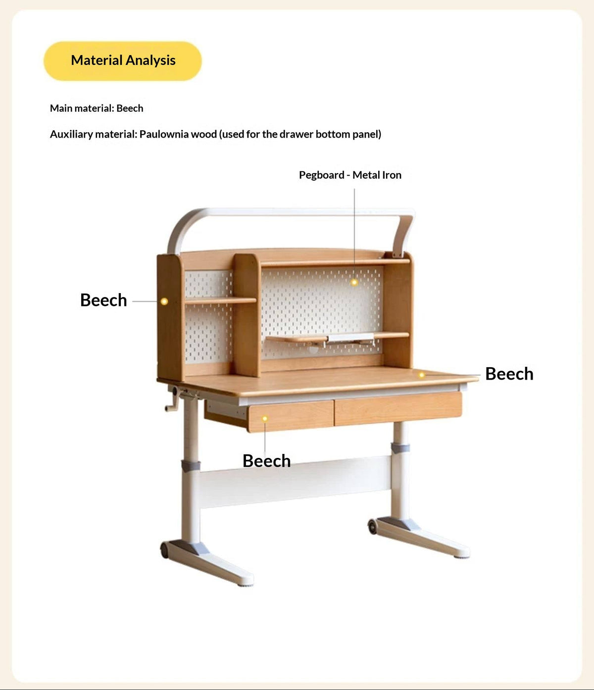 Beech Solid Wood Kids Raised and Lowered Study Table