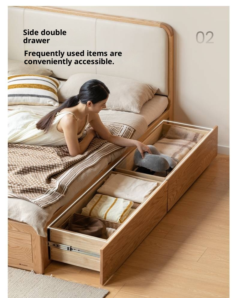 Oak Solid Wood Genuine Leather, Eco-leather Box Bed
