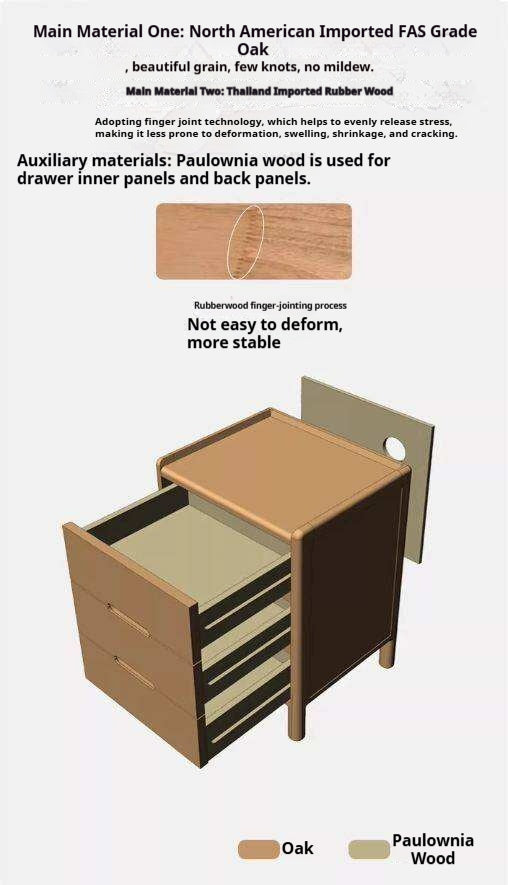 Oak Solid Wood, Solid Rubberwood Nordic Modern Nightstand.