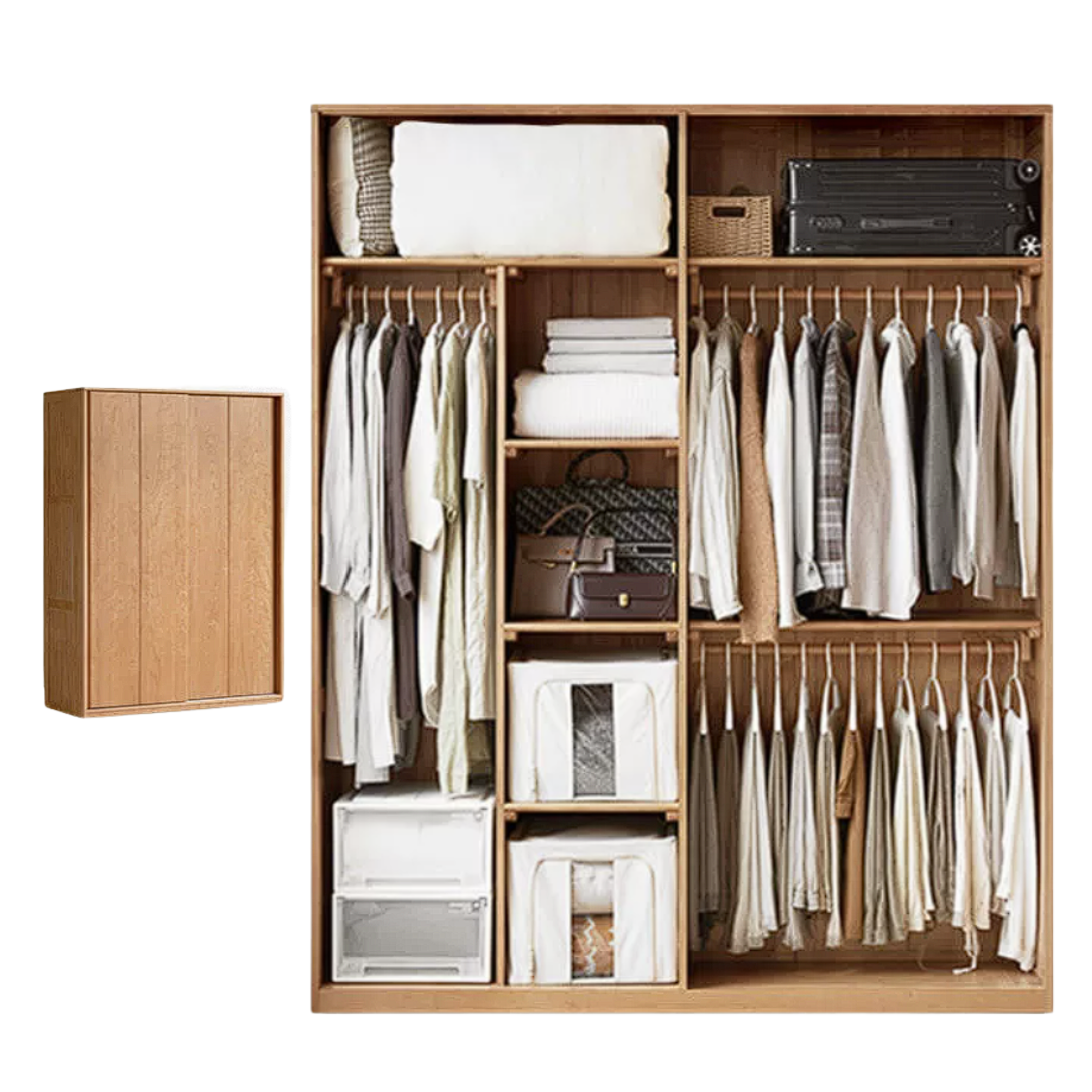 Cherry Wood Sliding Door Wardrobe Armoire with Hanging Rod and Shelves