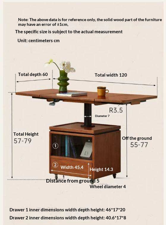 Tulipwood Solid Wood Lifting Coffee Table with Folding Square Top