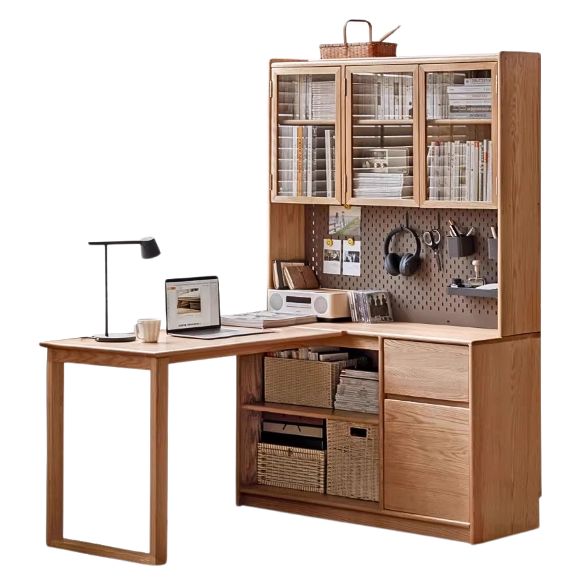 Oak Solid Wood Desk Bookcase Integrated Corner Office Table