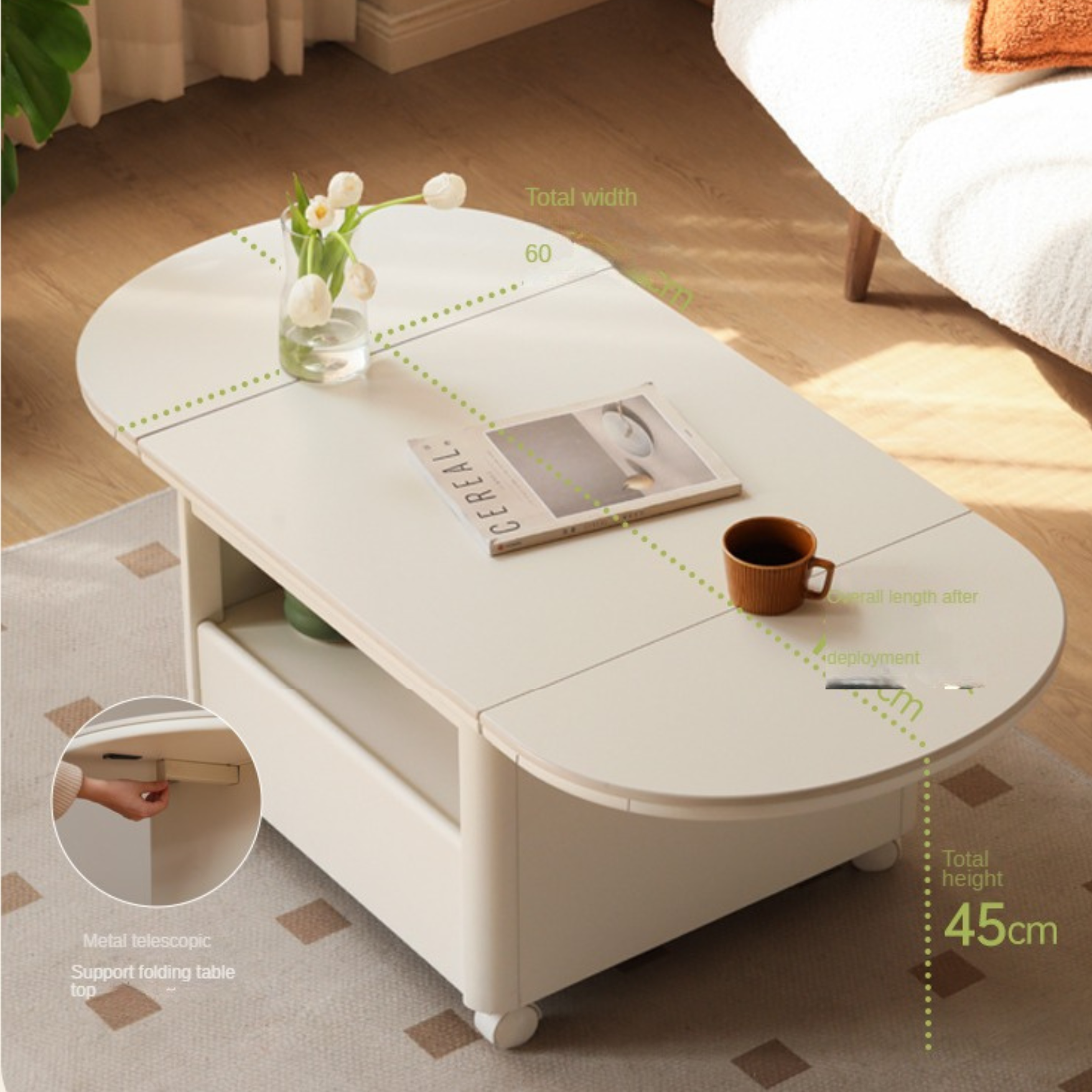 Poplar Solid Wood Folding Rock Board Mobile Coffee Table