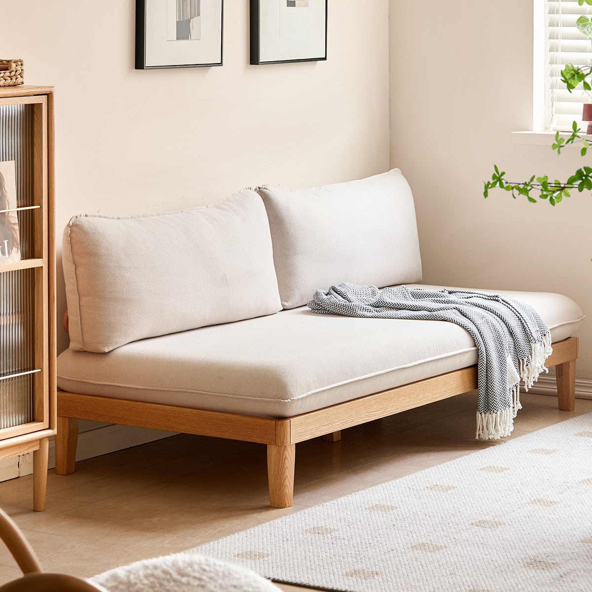 Oak Solid wood Armless Straight Fabric Sofa.