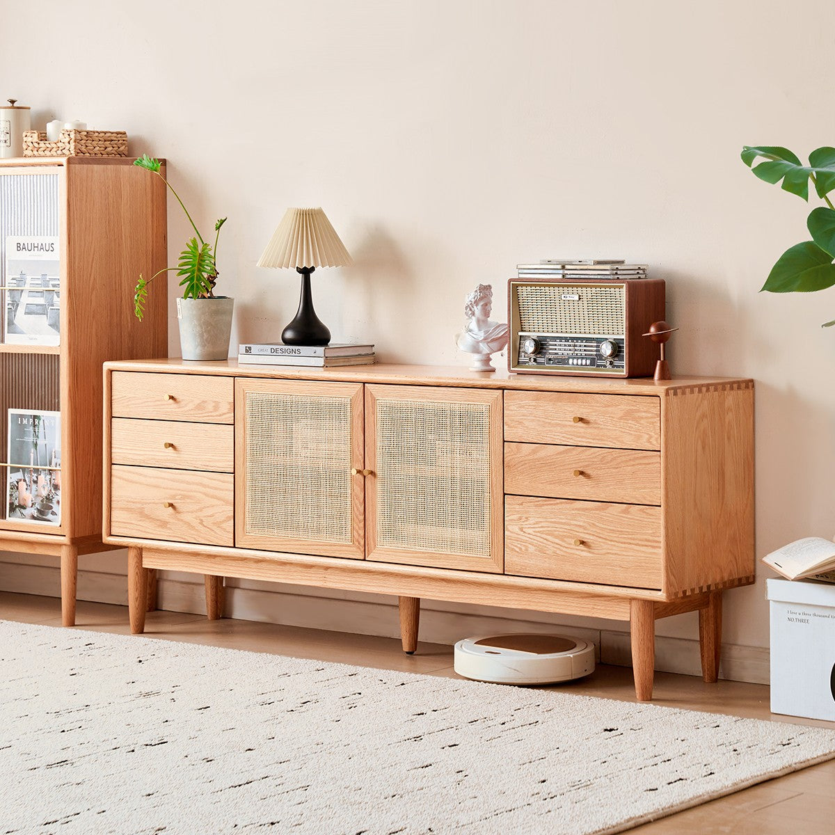 Oak Solid Wood Rattan Modern TV Cabinet.