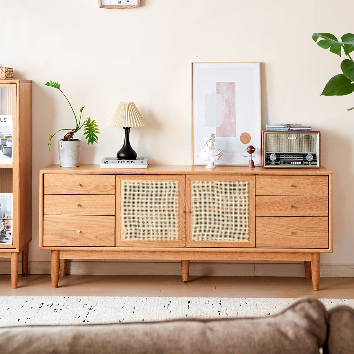 Oak Solid Wood Rattan Modern TV Cabinet.