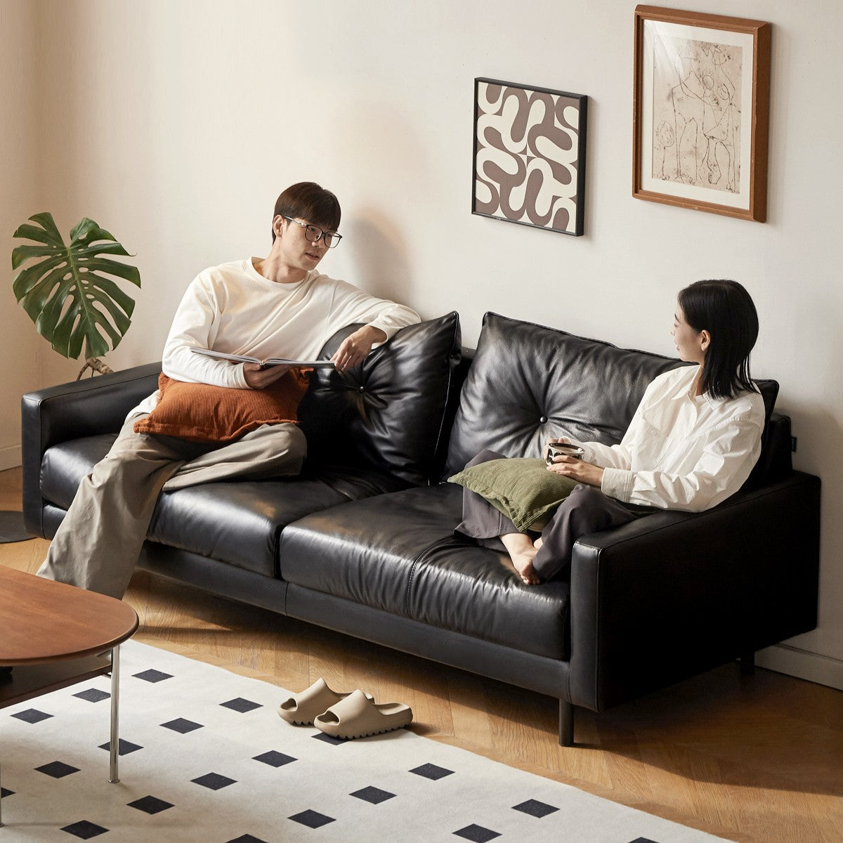 Leather Sofa, Black Top Layer Light Luxury Cowhide Sofa