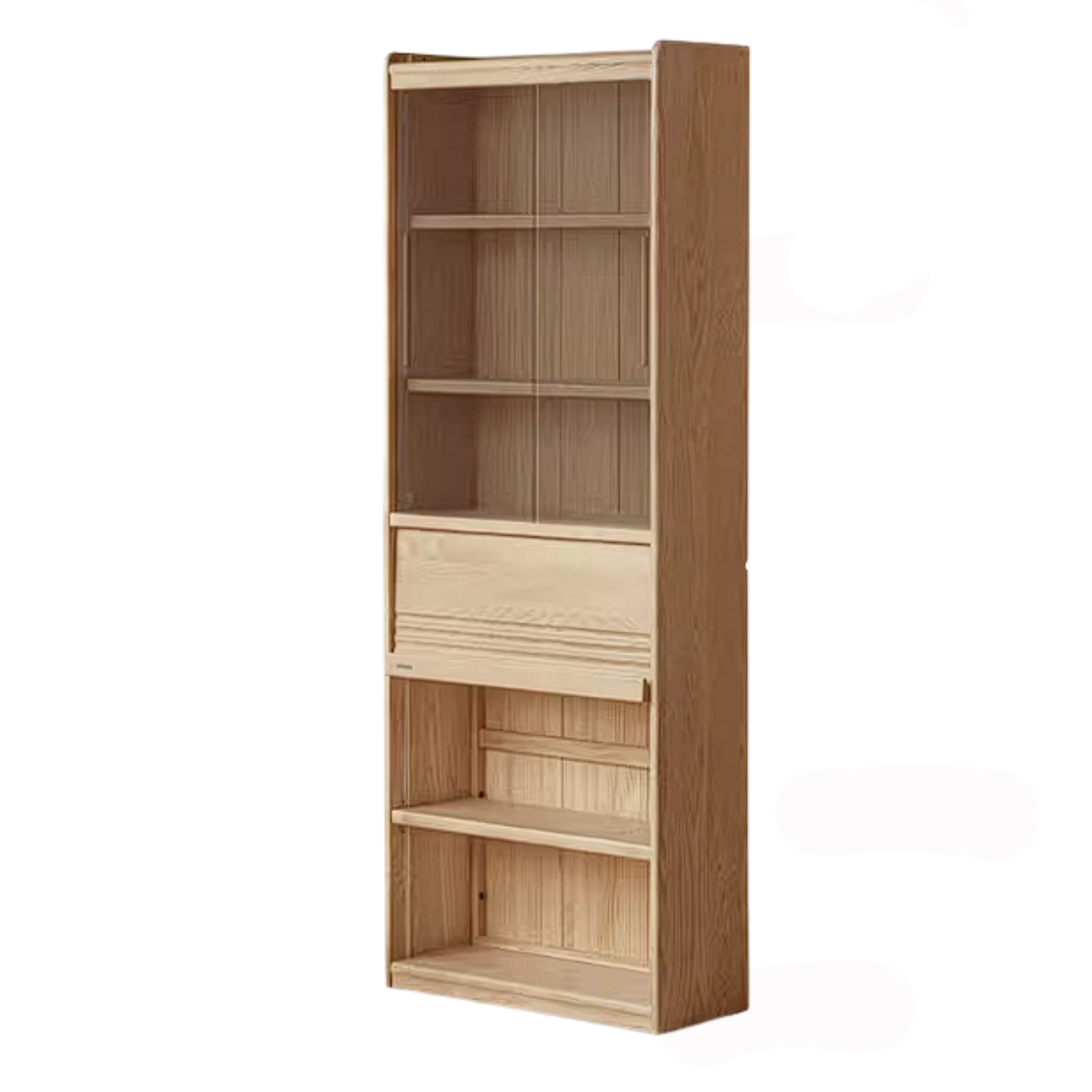 Ash Solid Wood Bookshelf with Wall Mounted Display Cabinet Design