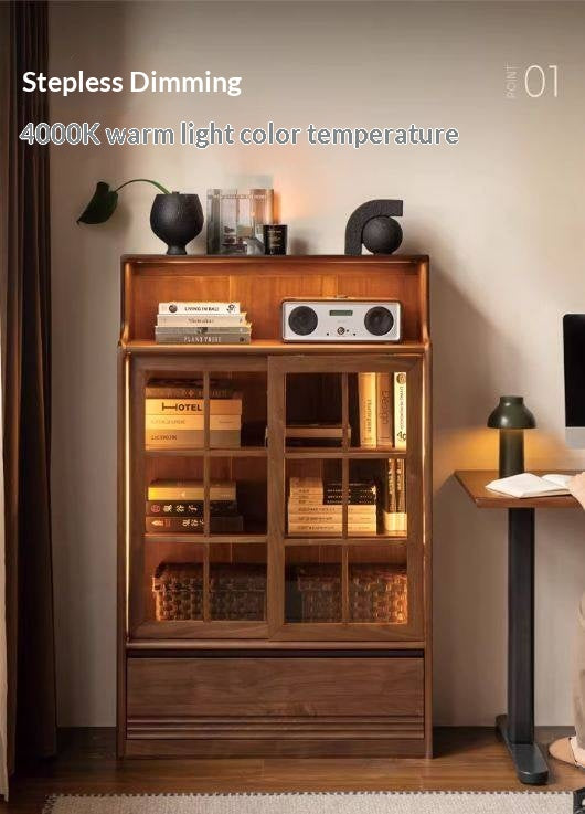 Black Walnut, Oak Solid Wood Bookcase with Storage Cabinet and Built-In Light