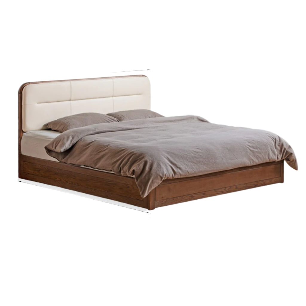 Oak Solid Wood Modern Genuine Leather, Organic Leather Storage Bed
