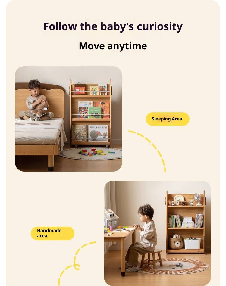 Beech Solid Wood Movable Double-Sided Floor-Standing Storage Children's Rack