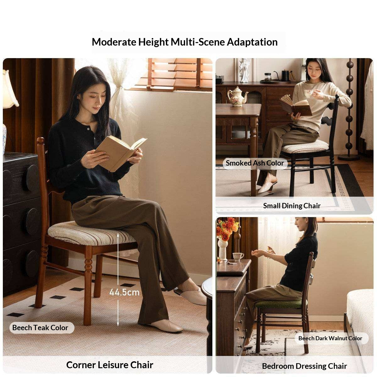 4 pcs-Beech, Ash Solid Wood French Retro Chair with Removable Washable Cushion