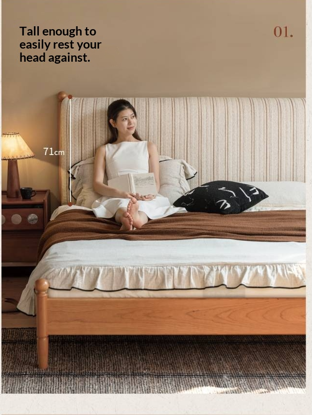 Cherry Solid Wood Fabric Upholstered Bed