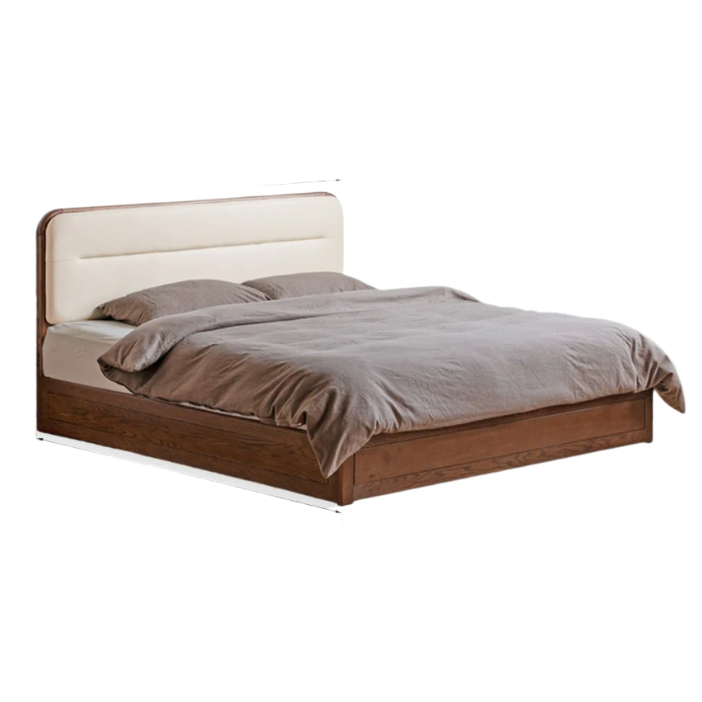 Oak Solid Wood Modern Genuine Leather, Organic Leather Storage Bed
