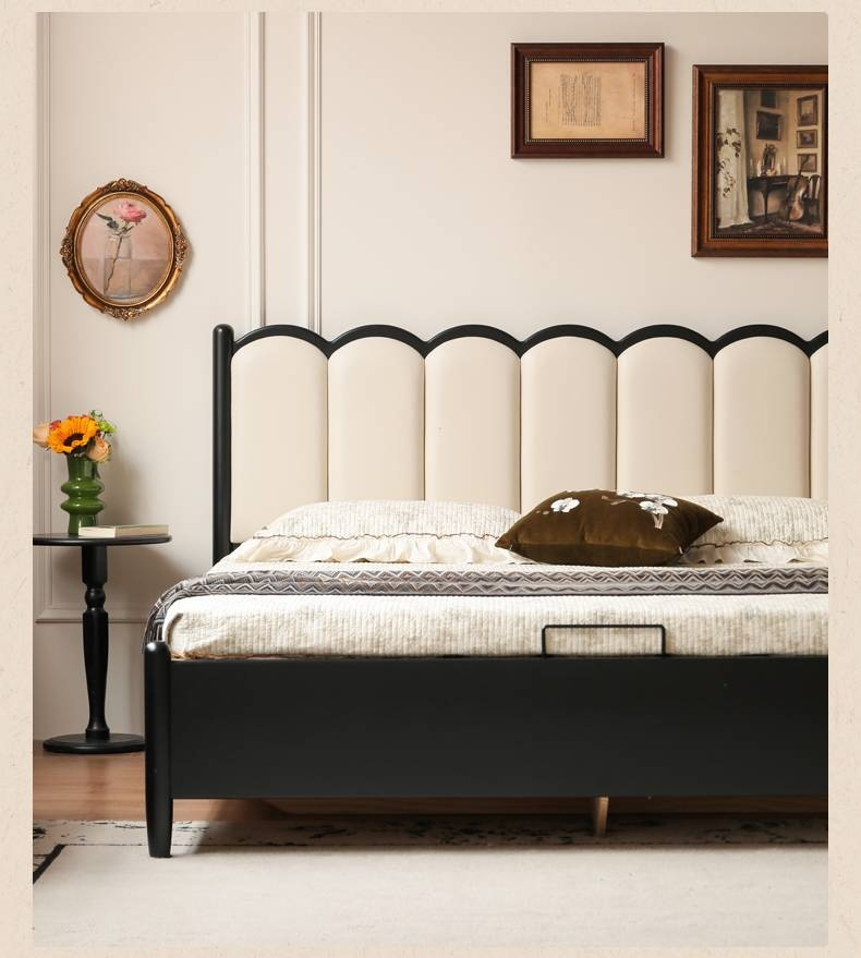 Rubberwood Solid Wood Upholstered Storage Box Bed, French Retro Style