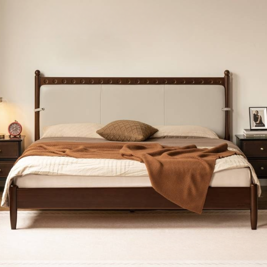 Ash Solid Wood Bed – Bauhaus Style with Soft Leather Upholstery