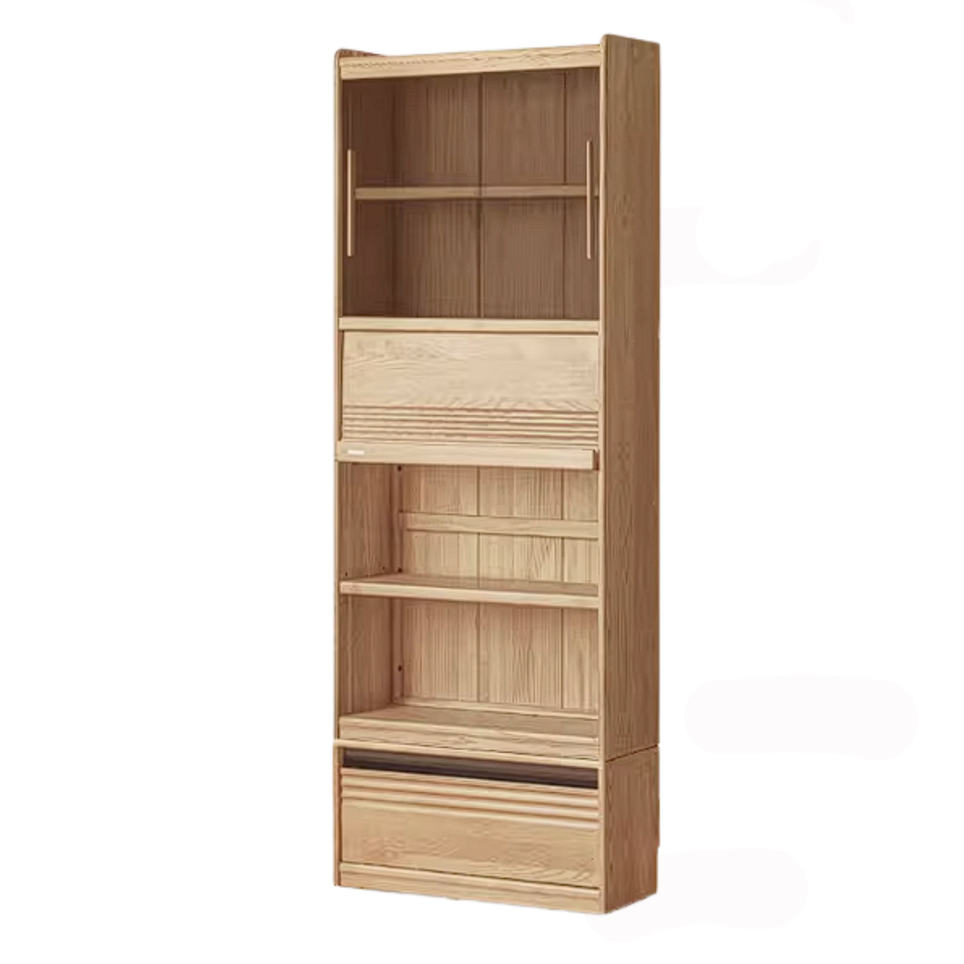 Ash Solid Wood Bookshelf with Wall Mounted Display Cabinet Design