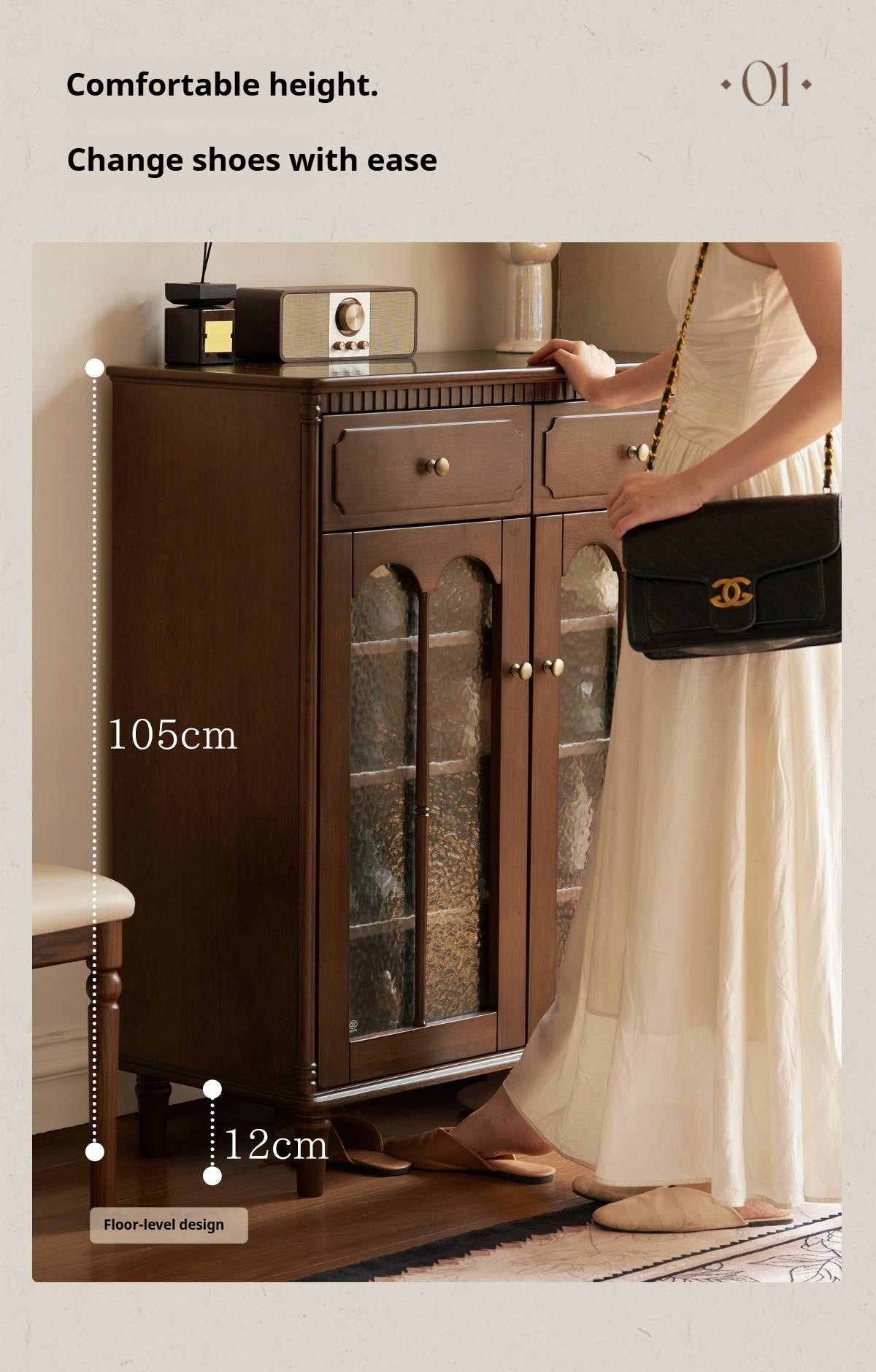 Solid Longan Hardwood French Vintage Shoe Cabinet with Arched Glass Doors and Adjustable Shelves