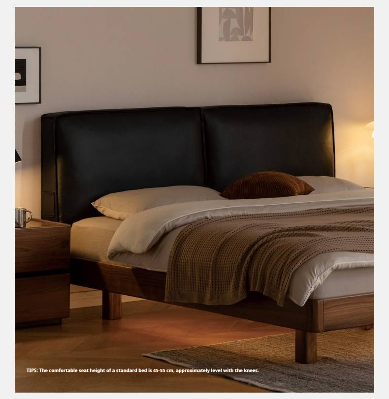 Teak, Black Walnut Solid Wood Genuine Leather Suspended Bed with Light