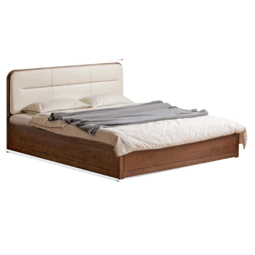 Oak Solid Wood Modern Genuine Leather, Organic Leather Storage Bed