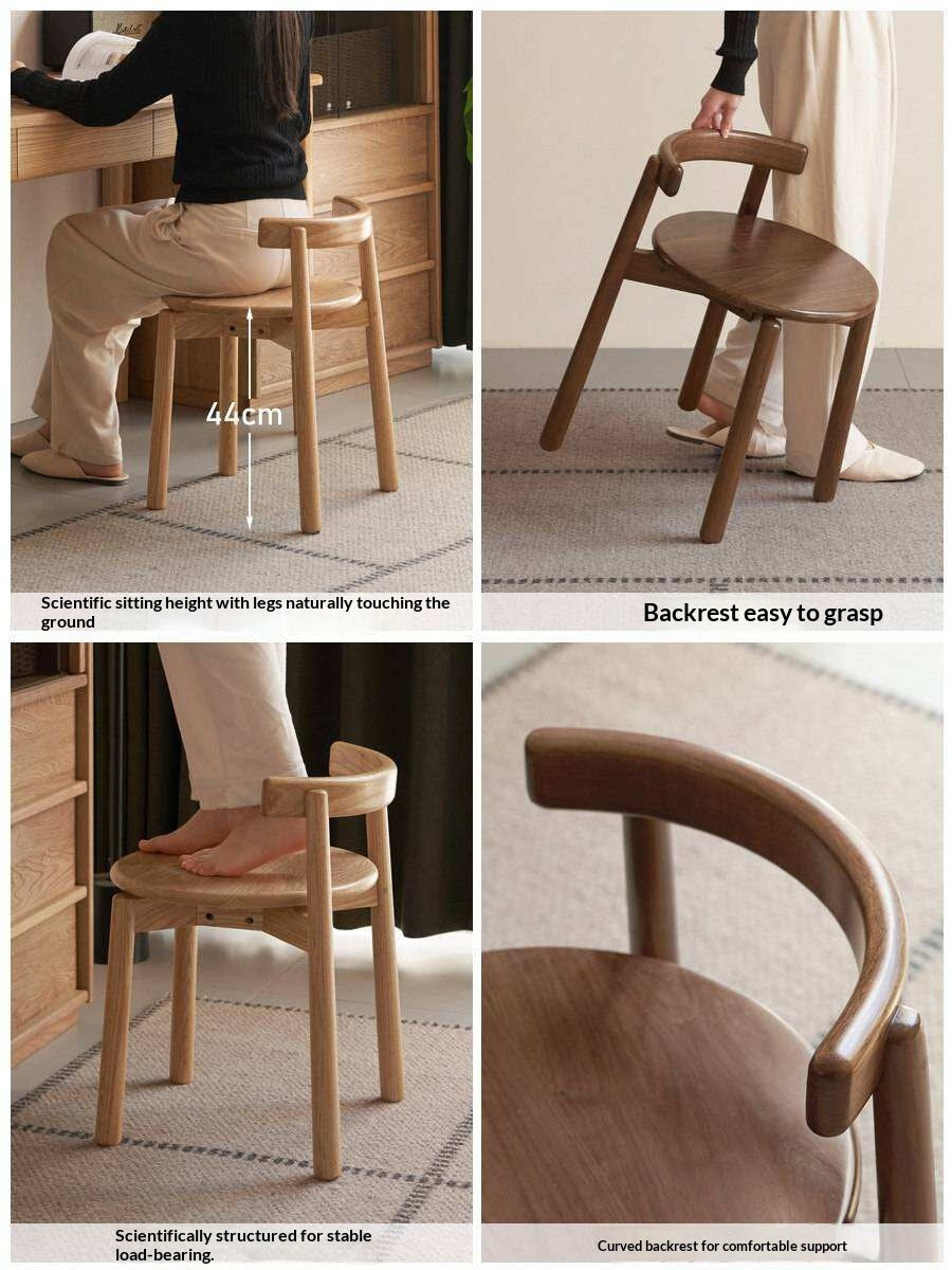 Black Walnut, Oak Solid Wood Low Back Makeup Stool with Round Seat