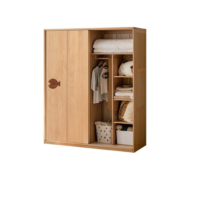 Oak Solid Wood Children's Sliding Door Wardrobe Storage Cabinet