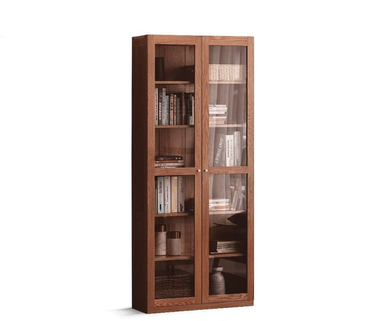 Solid Rubberwood, Oak Solid Wood Bookcase Modern With Glass Door
