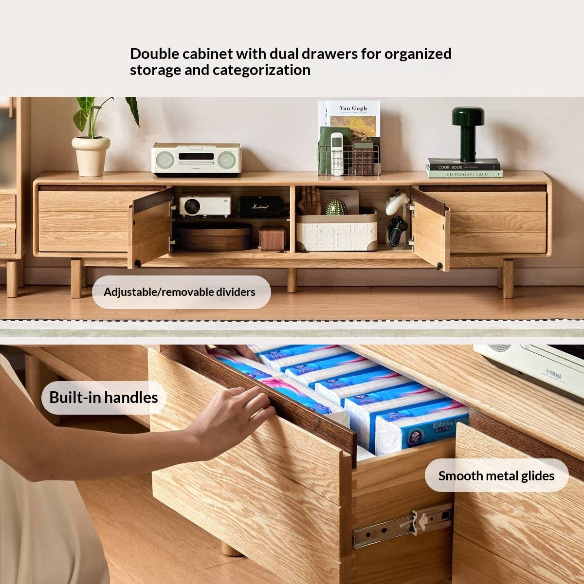 Oak Solid Wood Scandinavian TV Console with Two-Tone Color Block Doors