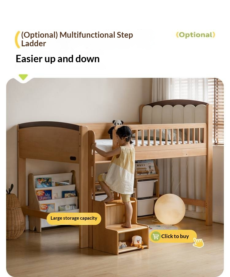 Beech Solid Wood Children's Soft Backrest Storage Loft Bed with Night Light