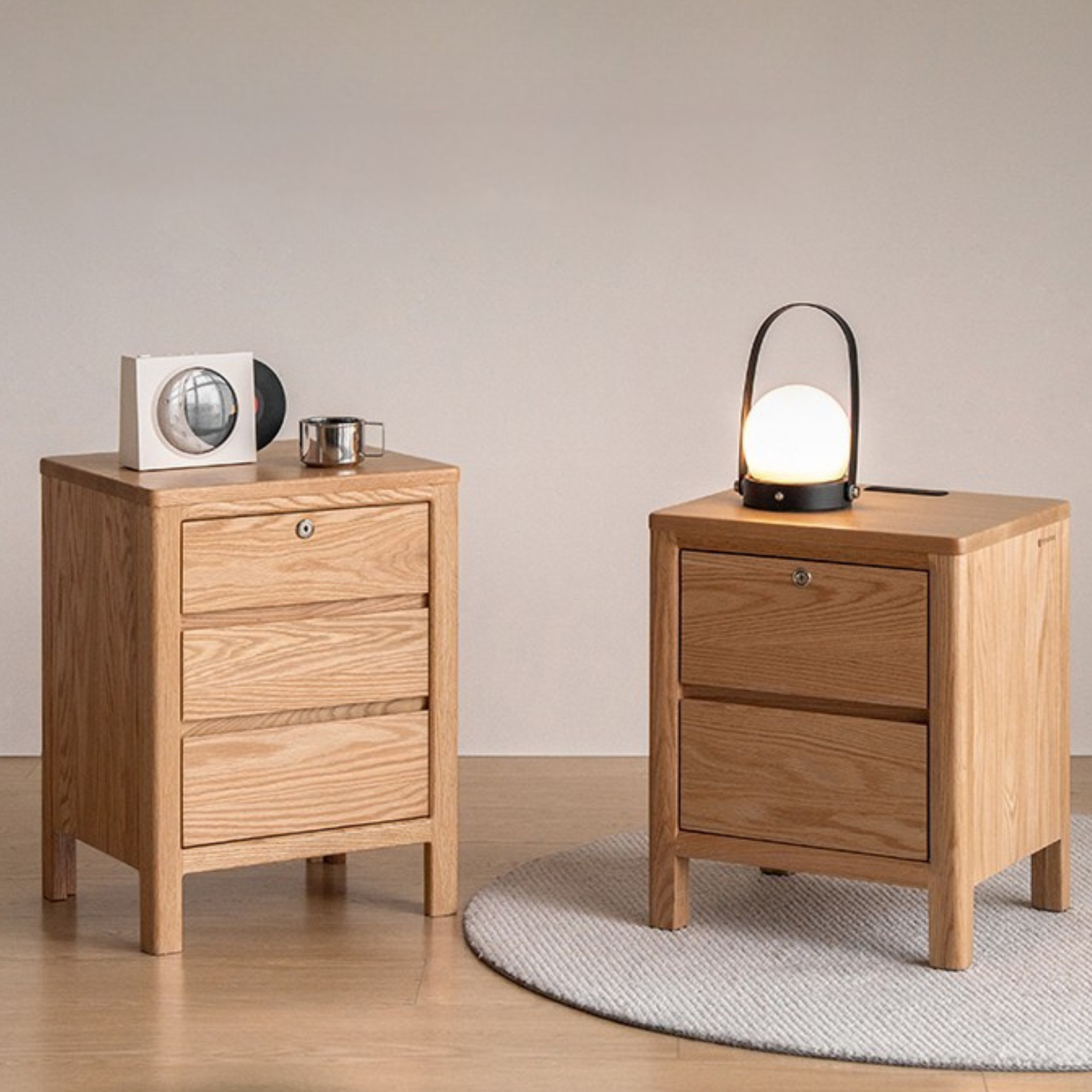 Oak Solid Wood, Solid Rubberwood Nightstand with Locker.