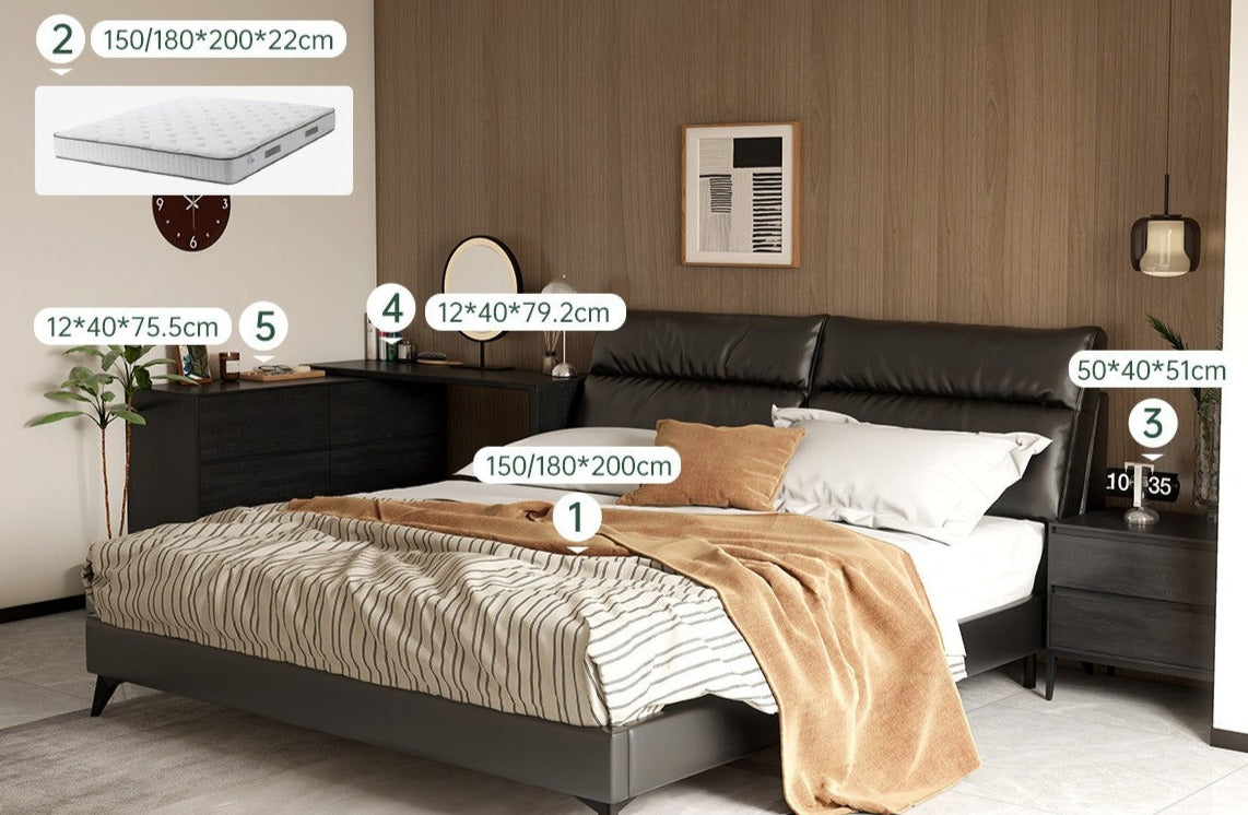 Genuine leather cowhide bed bedroom complete furniture light luxury style black.