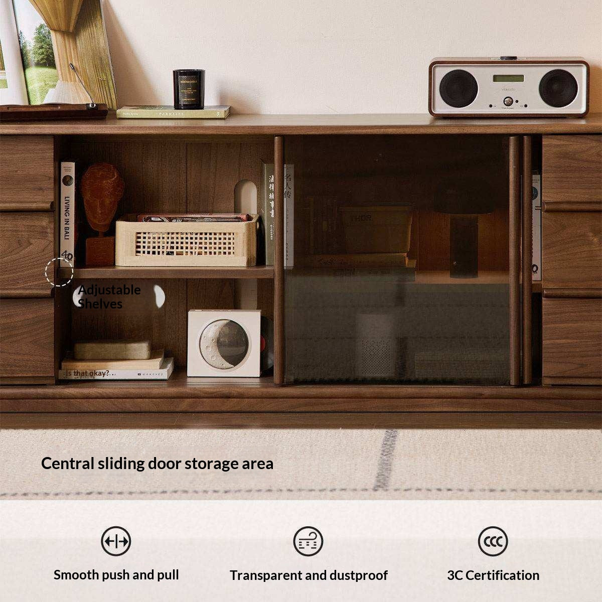 Black Walnut Solid Wood TV Cabinet with Large Storage