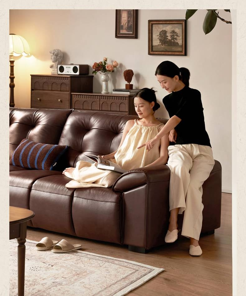 Genuine Leather American Retro High-Back Sofa with Checkerboard Black Bear Pattern