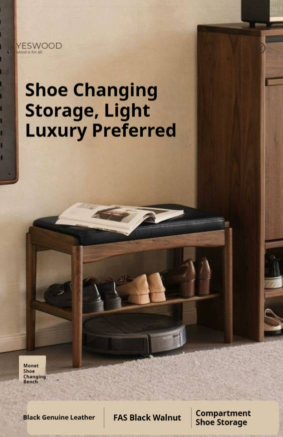 Black Walnut, Sandalwood Solid Wood Genuine leather, Fabrics Shoe Changing Stool