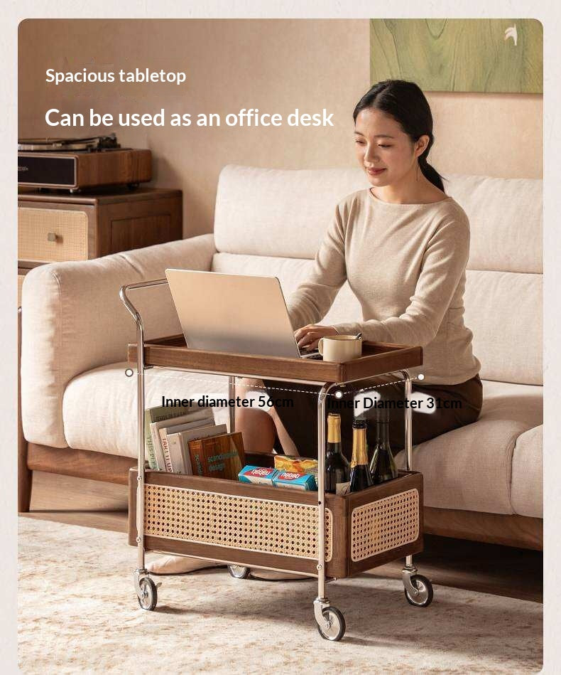Oak Solid Wood Side Table with Double Layer Storage and Mobile Trolley