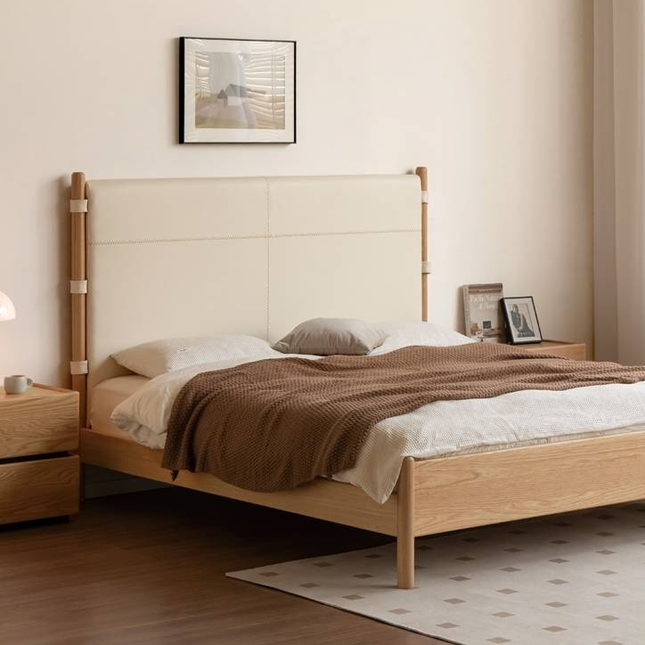 Ash Solid Wood Extra Tall Upholstered Platform Bed with Wood Posts
